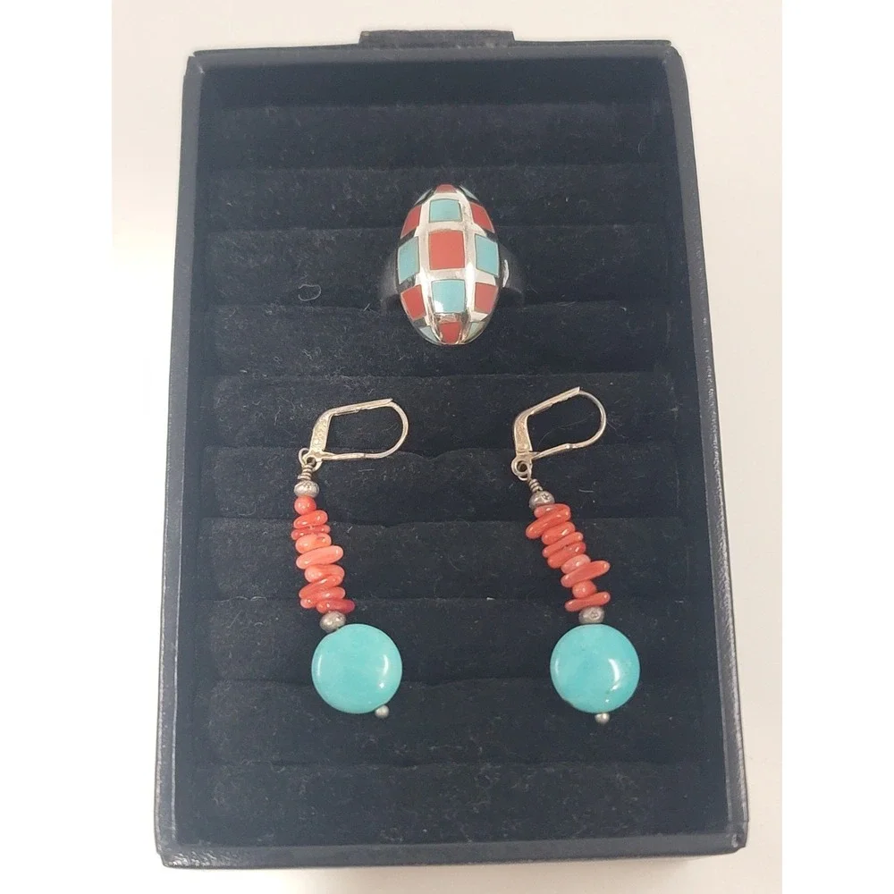 Sterling Silver 925 Coral Turquoise Ring Size 7 3/4 & Matching Earring Set